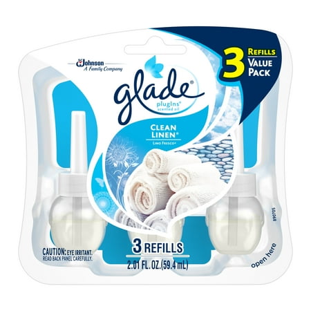 Glade PlugIns Scented Oil Refill Clean Linen, Essential Oil Infused Wall Plug In, 2.01 FL OZ, Pack of