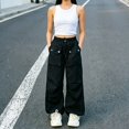 thumbnail image 6 of CPNG Girls Cargo Pants Solid Color Elastic High Waist Straight Wide Leg Baggy Cargo Sweatpants Lightweight Streetwear Casual Cargo Trousers, 6 of 6