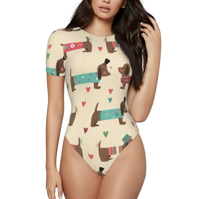 Saiise Justaucorps à Manches Courtes pour Femmes Motif Chiot Teckel Col Rond Pyjama Extensible avec Fermeture à Pression-Moyen