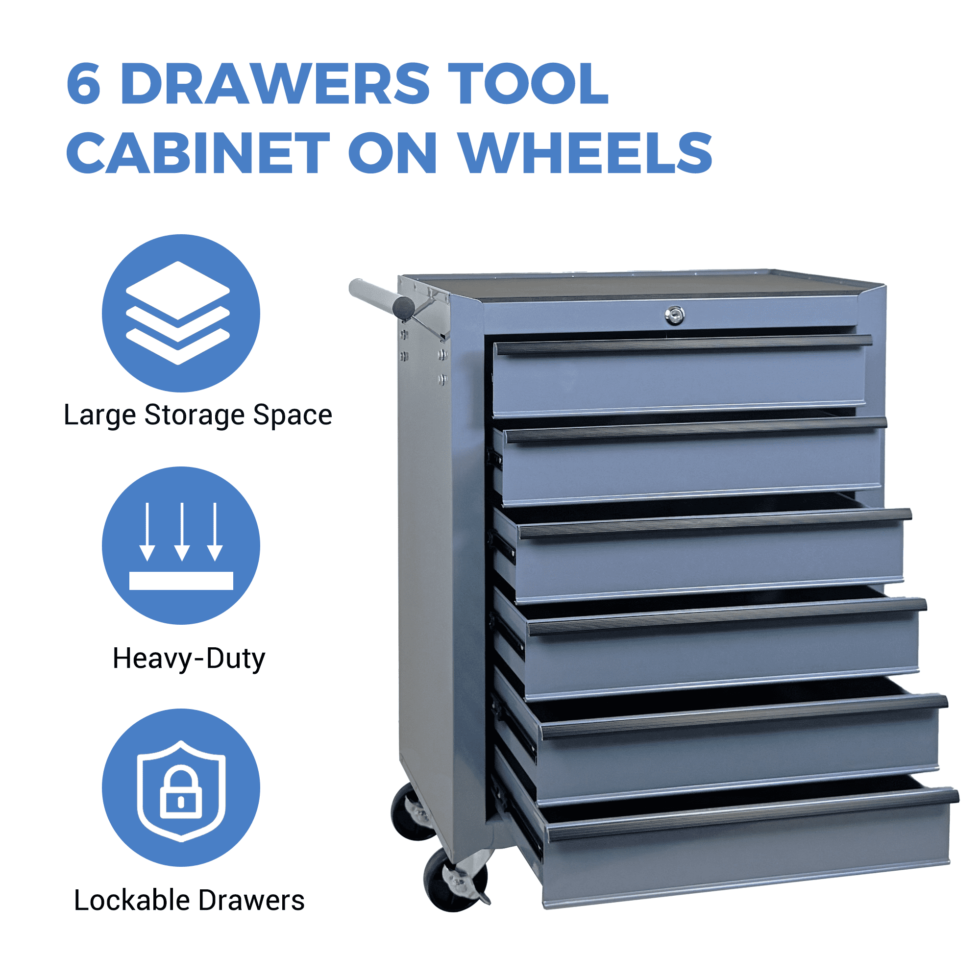 6 Drawer Tool Chest Cabinet with Ball Bearing Drawer Slides,20"W Rolling Metal Tool Chest with 6 Drawers,Steel Tool Storage Box Organizer,Grey