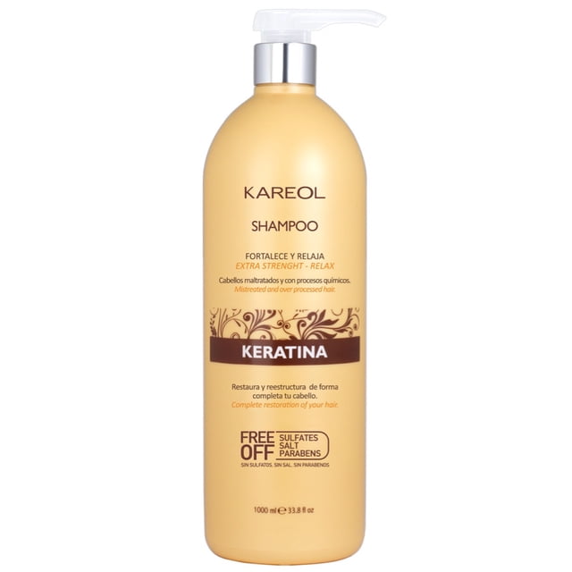 kareol shampoo keratina 1 lt keratina botella frontal con dosificador de 1 L; envase beige con etiqueta marrón y marca KAREOL, texto "SHAMPOO" y banda "KERATINA"; indica que restaura, reestructura y fortalece el cabello, con keratina hidrolizada y aminoácidos para suavidad, nutrición y elasticidad; libre de sulfatos, sal y parabenos; adecuado para cabello maltratado o con procesos químicos.