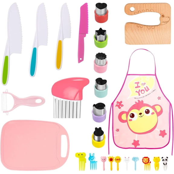 25 Pcs Kids Cooking Tools Set, Wooden Alligator Kid Safe Cooking Tools, Apron, Y Peeler, Cutting Board, Crinkle Cutter, 10 Pcs Fruit Stick, 6 Pcs Sandwich Cutter Stocking Stuffers for Kids Cooking