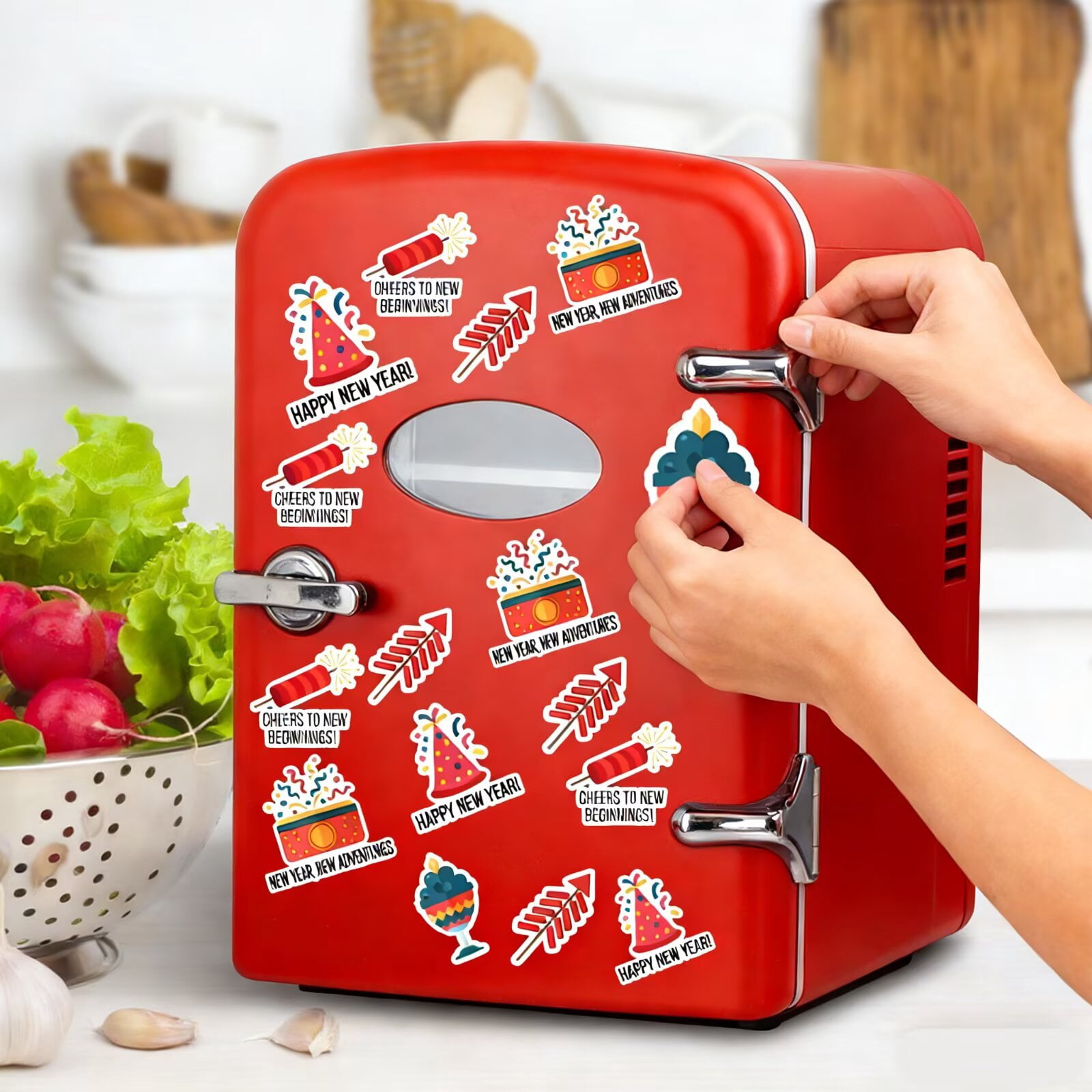 HealSmart 4L/6 Can Mini Fridge - Portable Cooler & Warmer with Window, Freon-Free Aesthetic Fridge for Skincare/Beverage, Red with Cute Stickers