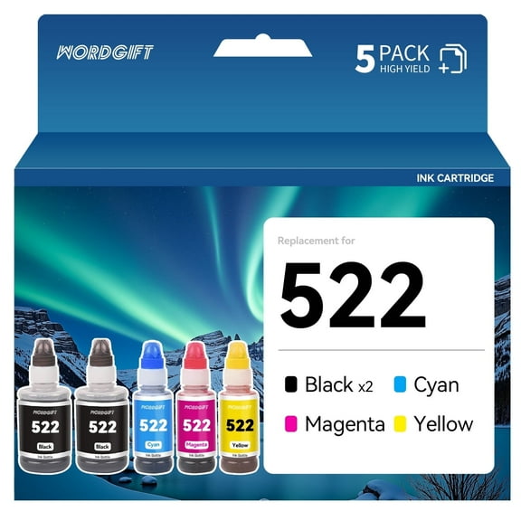 WORDGIFT Replacement for 522 Ink Bottles T522 Ink compatible for Epson 522 Refill Bottles for Epson EcoTank ET-2720 ET-2800 ET-2840 ET-4700 ET-4800 ET-4810 Printer2 Black Cyan Magenta Yellow | 5 PK