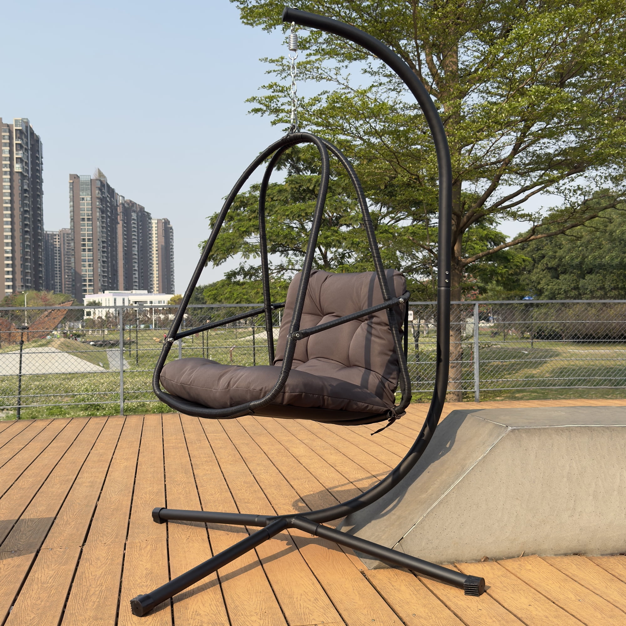 Miniyam Outdoor Hanging Egg Chair with Stand, Foldable Swing Chair with Cup Holder, Rattan Wicker Patio Chair with Cushions for Adults and Kids, Black