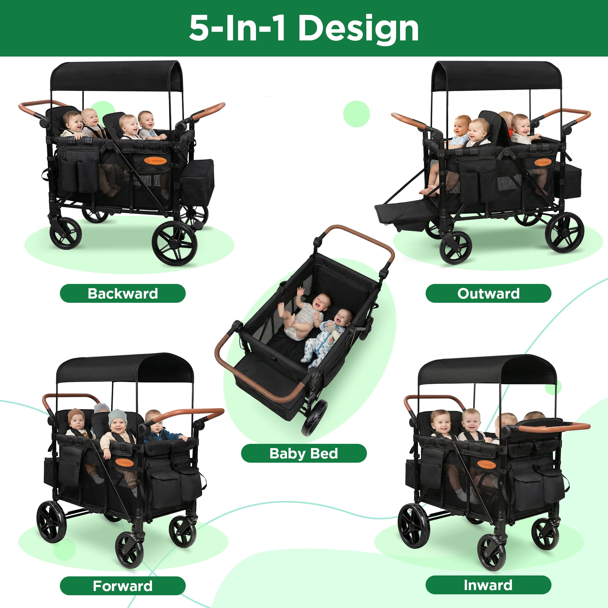 Vomeast Upgrade Wagon Stroller for 4 Kids, 4-Seater Outdoor Baby Stroller Wagon with Canopy, 5-Point Harness, Adjustable Handle(Black)