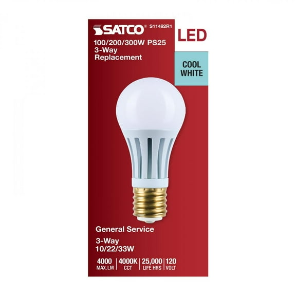 SATCO S11492R1 LED Three-Way Lamp, 10/22/33W, Mogul Base, 4000K, White Finish (12 Pack)