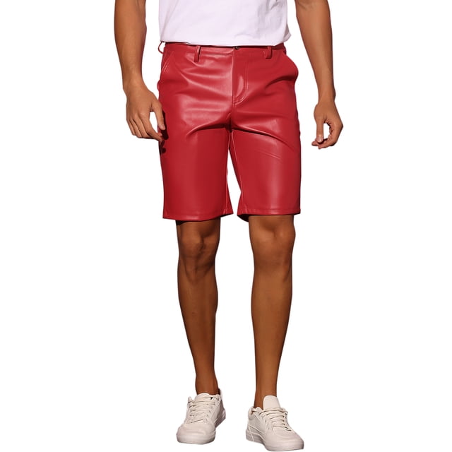 Pantalones cortos de cuero sintético INSPIRE CHIC para hombres, pantalones cortos de hip hop, motocicleta, fiesta y disco, 32 rojo