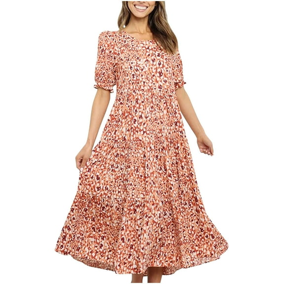 IROINNID Long Dresses For Women Elegant Casual Date Night Waist Bishop Sleeve Printing Short Sleeve Round-Neck Dresses On Sale