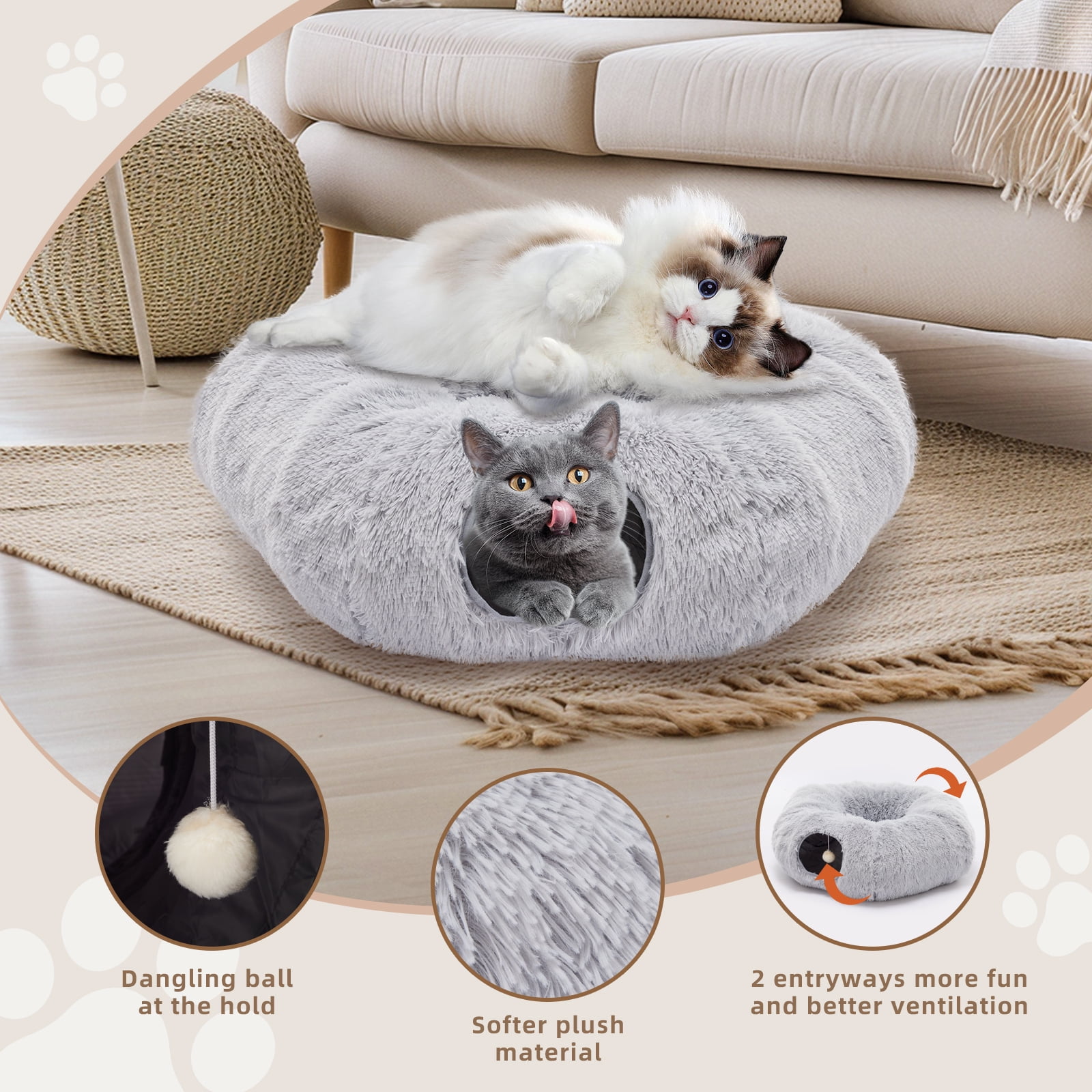 LIFERECORD Cat Tunnel with Cat Bed for Indoor Cats, Under Christmas Tree Soft Plush Peekaboo Cat Cave Donut Tunnel, Multifunctional Playground Toys Hideplace for Kittens, Rabbit - Grey