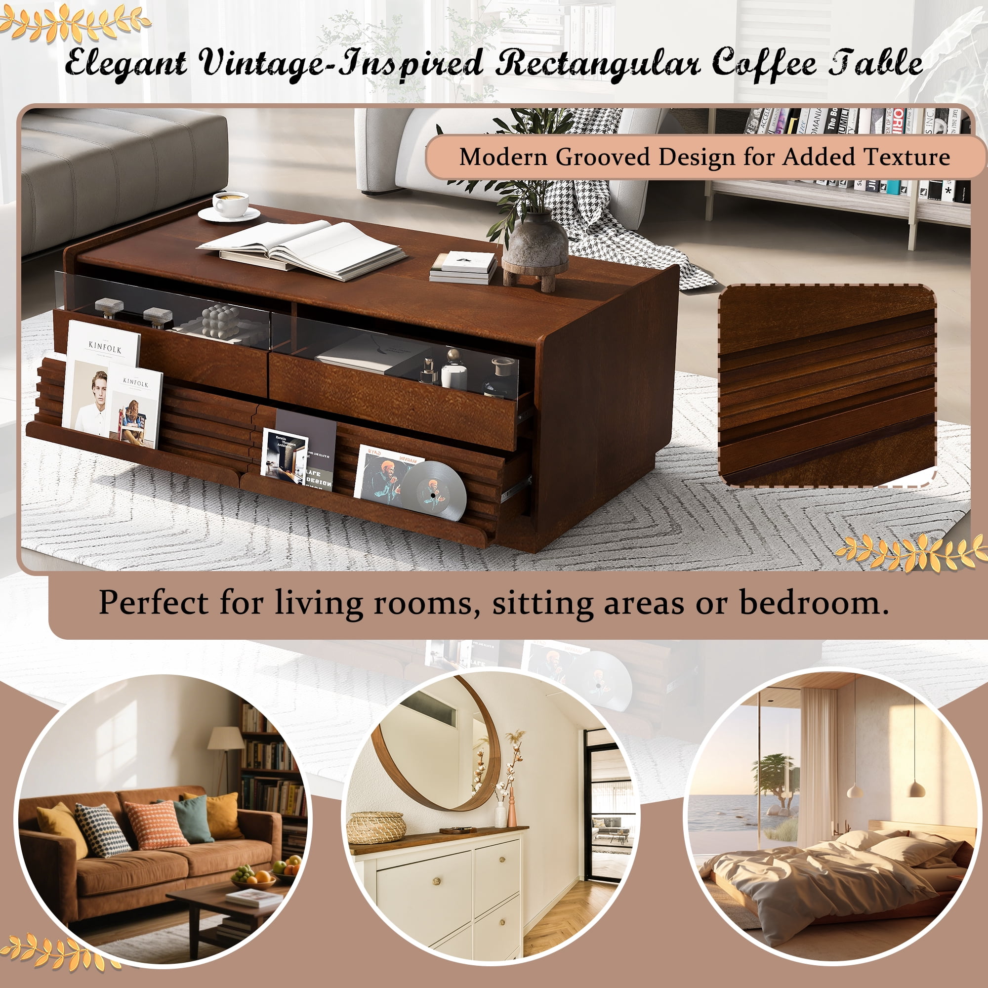 Euroco Vintage-Style Coffee Table with 4 Drawers and Open Shelves, Tempered Glass Drawer Fronts, MDF Wood Frame – Modern Living Room Storage Table, Easy Assembly