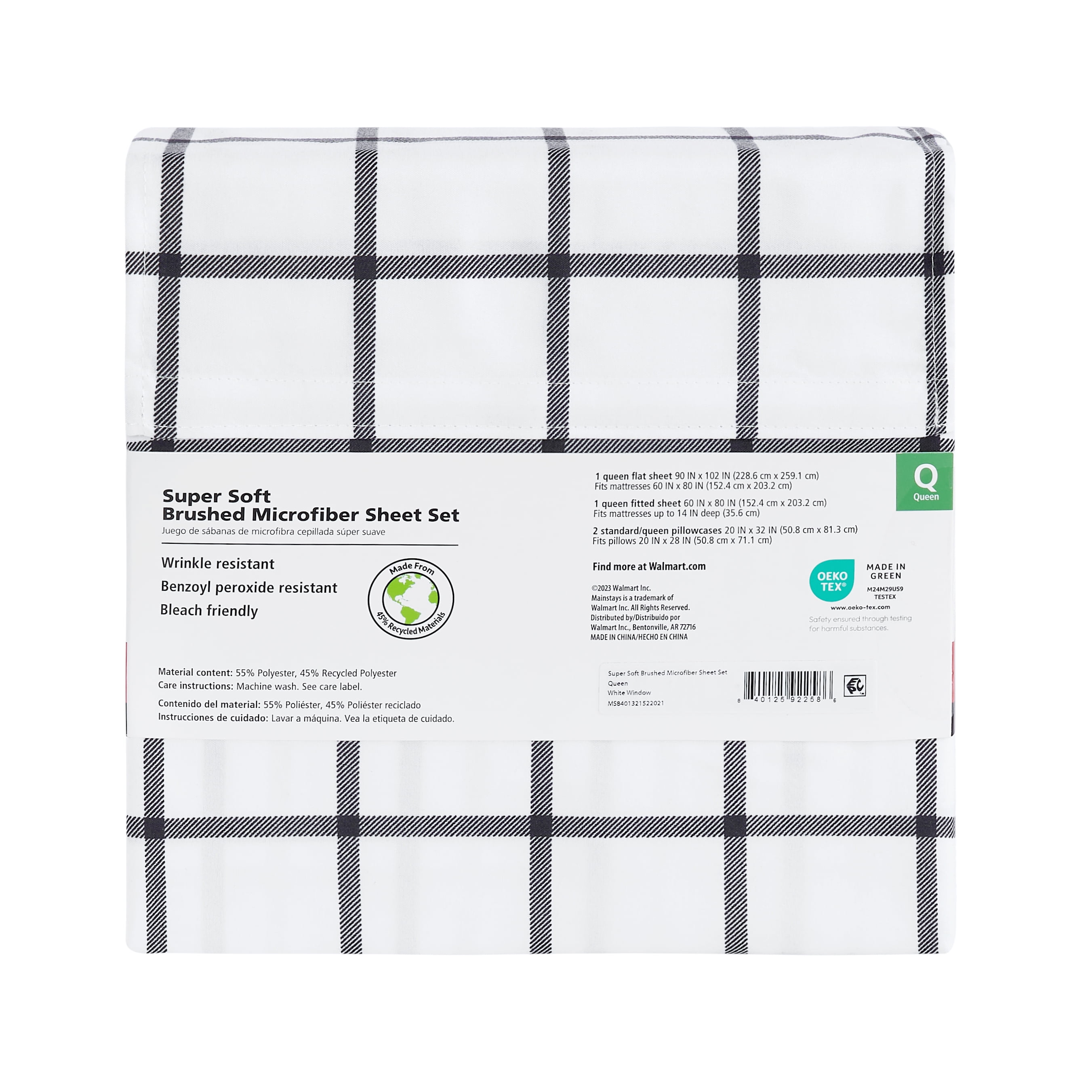 Mainstays Super Soft Brushed Microfiber Bed Sheet Set, King, White Windowpane, 4 Piece