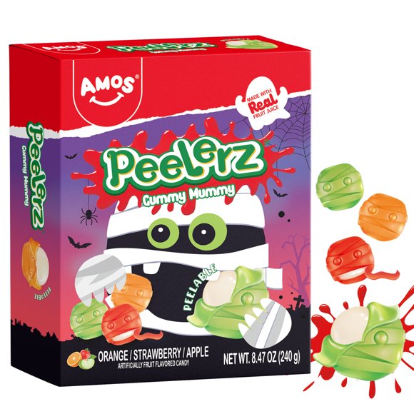 AMOS Peelerz Gummy Candy Peelable Halloween Candy Orange & Strawberry & Apple Mixed Flavor 8.47oz (Pack of 1)