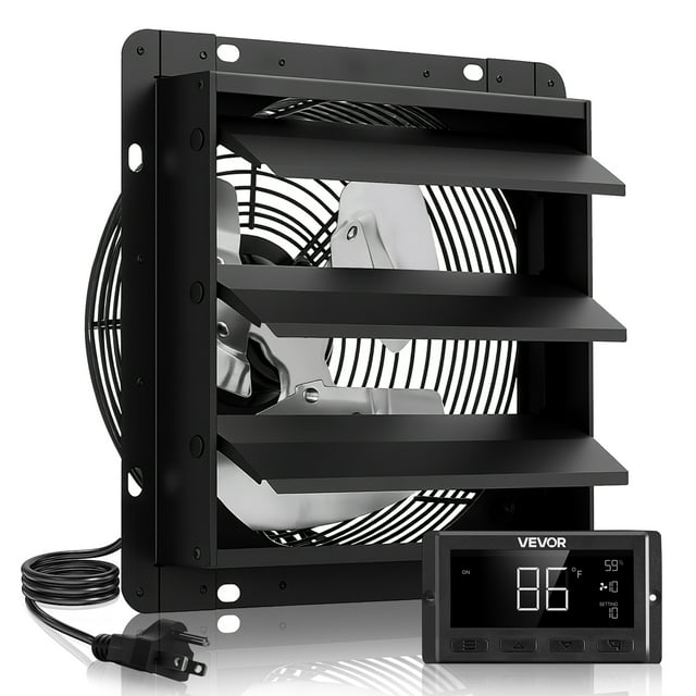 VEVOR 12 inch Shutter Exhaust Fan, Wall Mounted Attic Vent Fan with Smart Programming Variable Speed Temperature Control, 1500 CFM,EC Motor,Timer, Black
