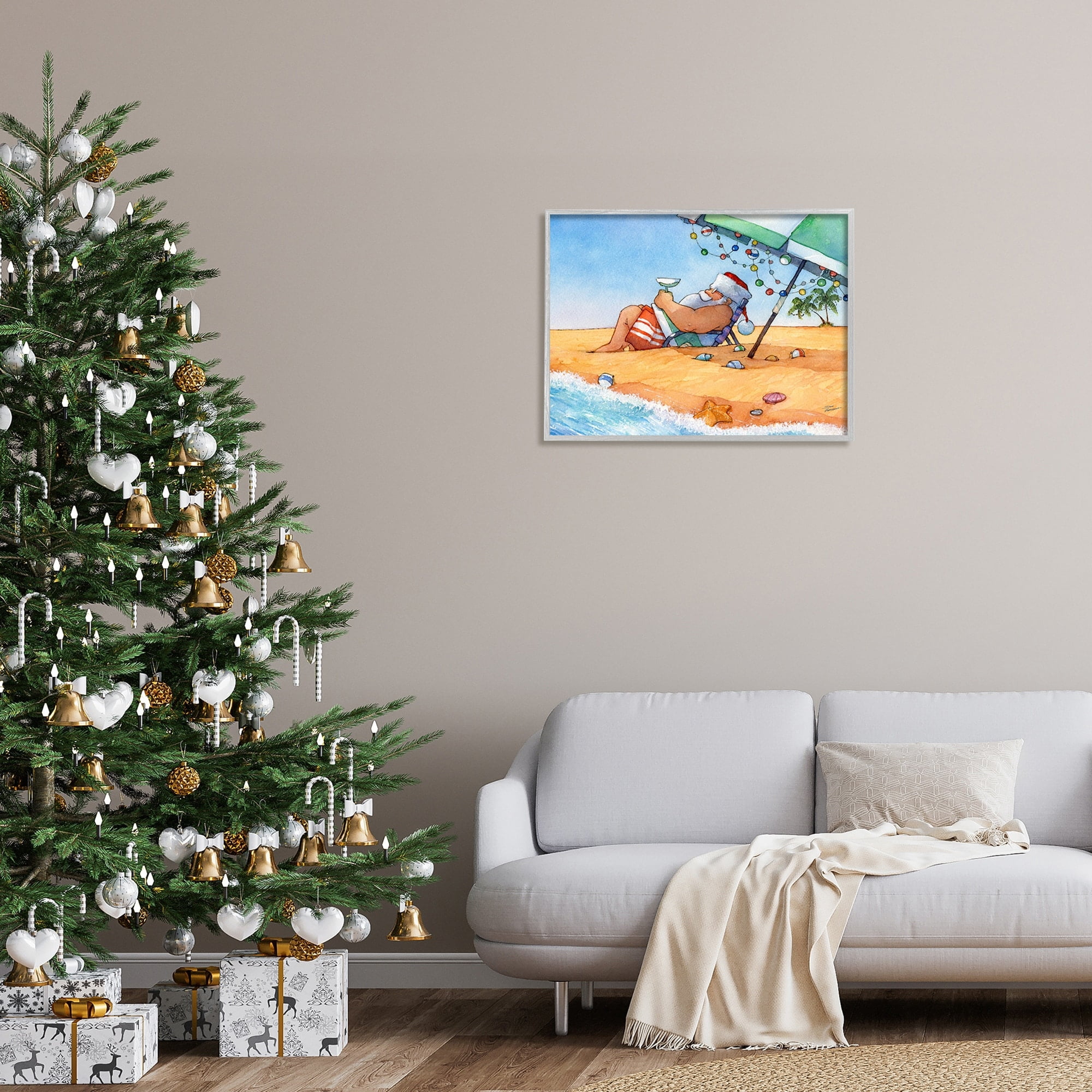 Santa Claus Lounging Beach Umbrella Seaside Christmas Holiday Painting Framed Art Print Wall Art
