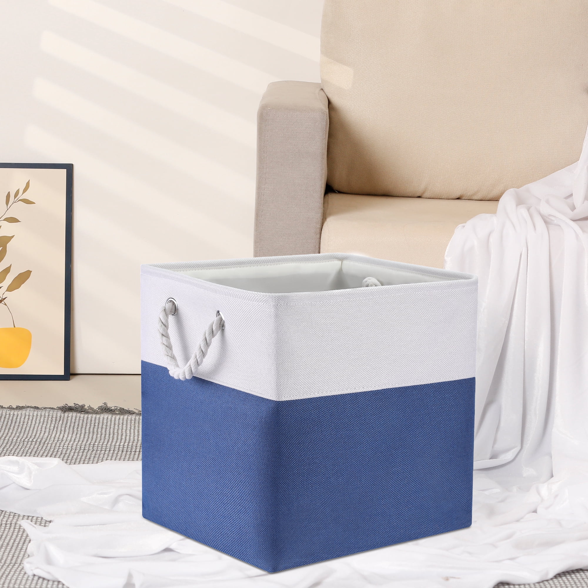 Unique Bargains Square Fabric Storage Basket Bin White/Dark Blue 13inch