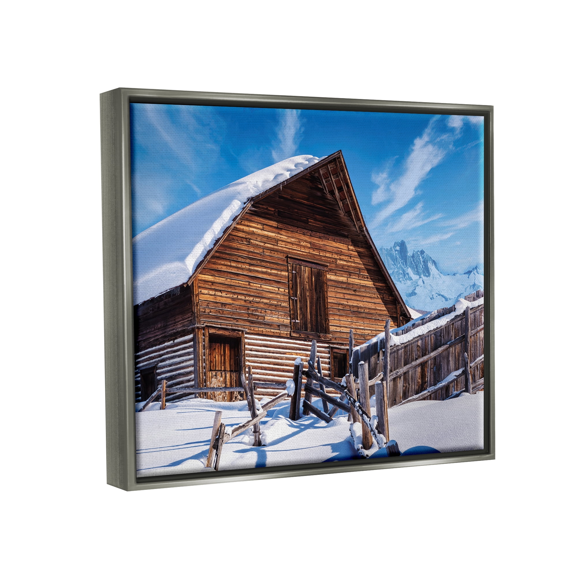 Stupell Industries Winter Log Cabin Photography Travel & Places Photography Gray Floater Framed Canvas Art Print Wall Art, 31 x 25
