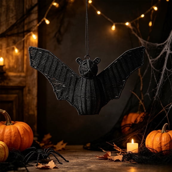 Halloween Bat Wall Decor – Black Woven Rattan Plastic Hanging Decoration for Indoor Outdoor Party and Home