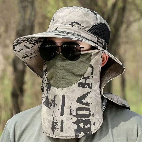 Sun Hat with Detachable Neck Face Flap, Outdoor UPF 50 Protection Fishing Hats, Camping Hiking Walking Travel Sun Bucket Hats Foldable Sun Caps - Adjustable Chin Strap, Camouflage Khaki hat