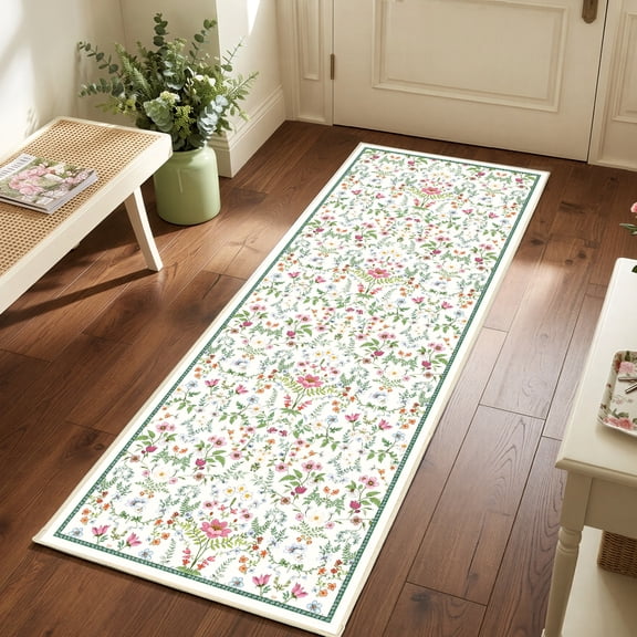WANLISELL 2'x6' Floral Runner Rug for Hallways, Soft Non-Slip Washable Area Rugs, Boho Indoor Printed Floor Carpet for Kitchen, Laundry, Bedroom, Entryway, Office, Home Decor, Green & White