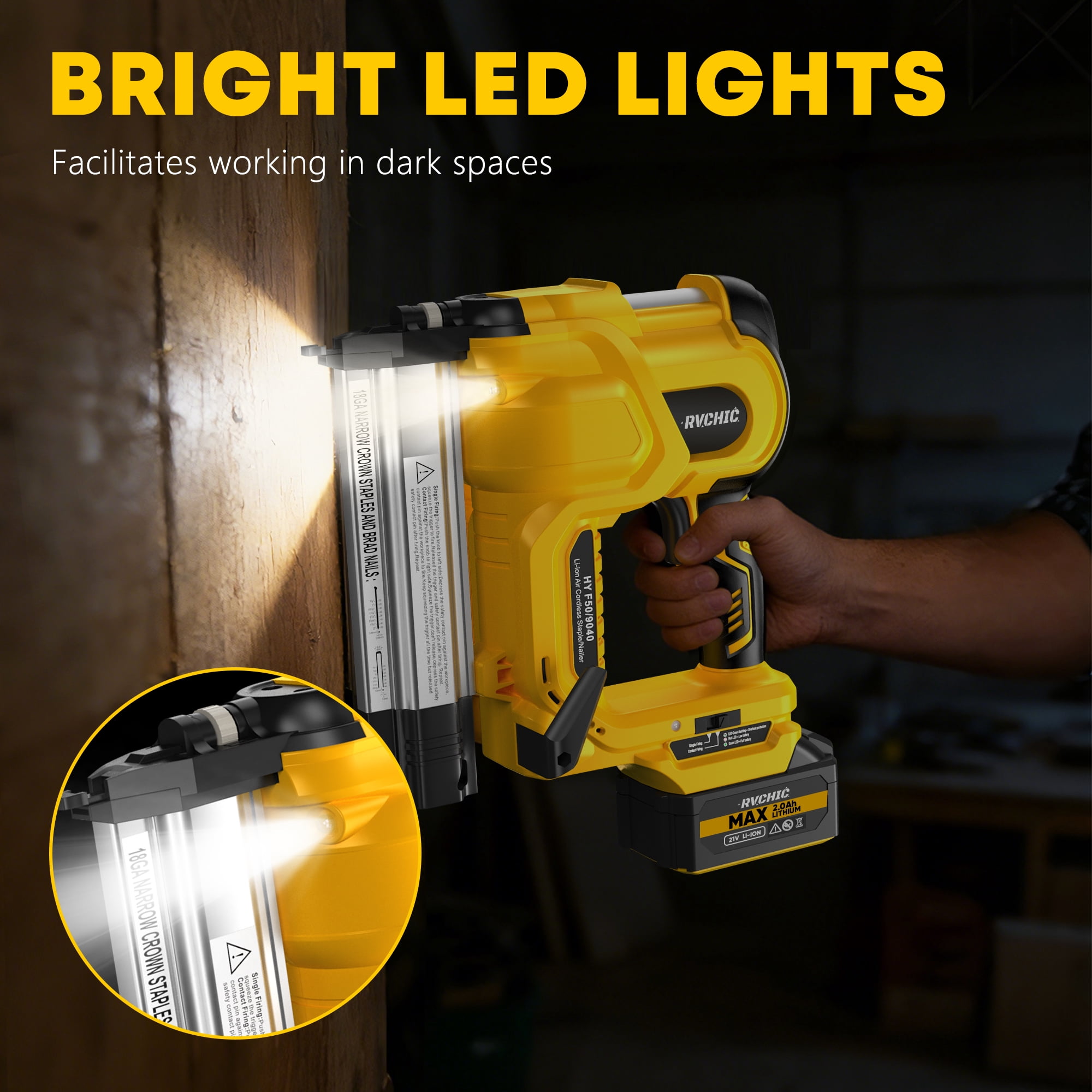 Rvchic 18GA Cordless Brad Nailer, 2-in-1 Electric Combo Kit with 2 Batteries, 1000 Nails/Staples for Upholstery, Carpentry, and Woodworking,Yellow