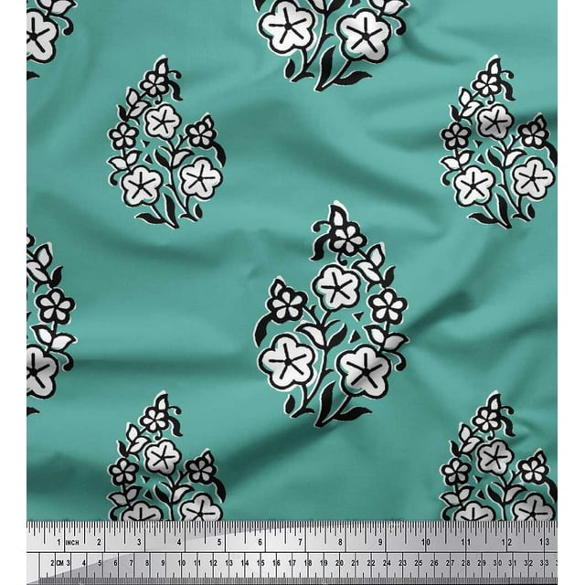 Soimoi Poly Georgette Fabric Leaves & Floral Block Printed Fabric 1 Yard 42 Inch Wide