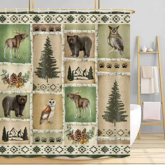 Rustic Cabin Shower Curtain, Farmhouse Country Wild Animals Bear Deer Forest Lodge Wooden Cloth Shower Curtain, Hunting Camping Western Aztec Bathroom Accessories Brown Bathroom Curtains, 72x72IN