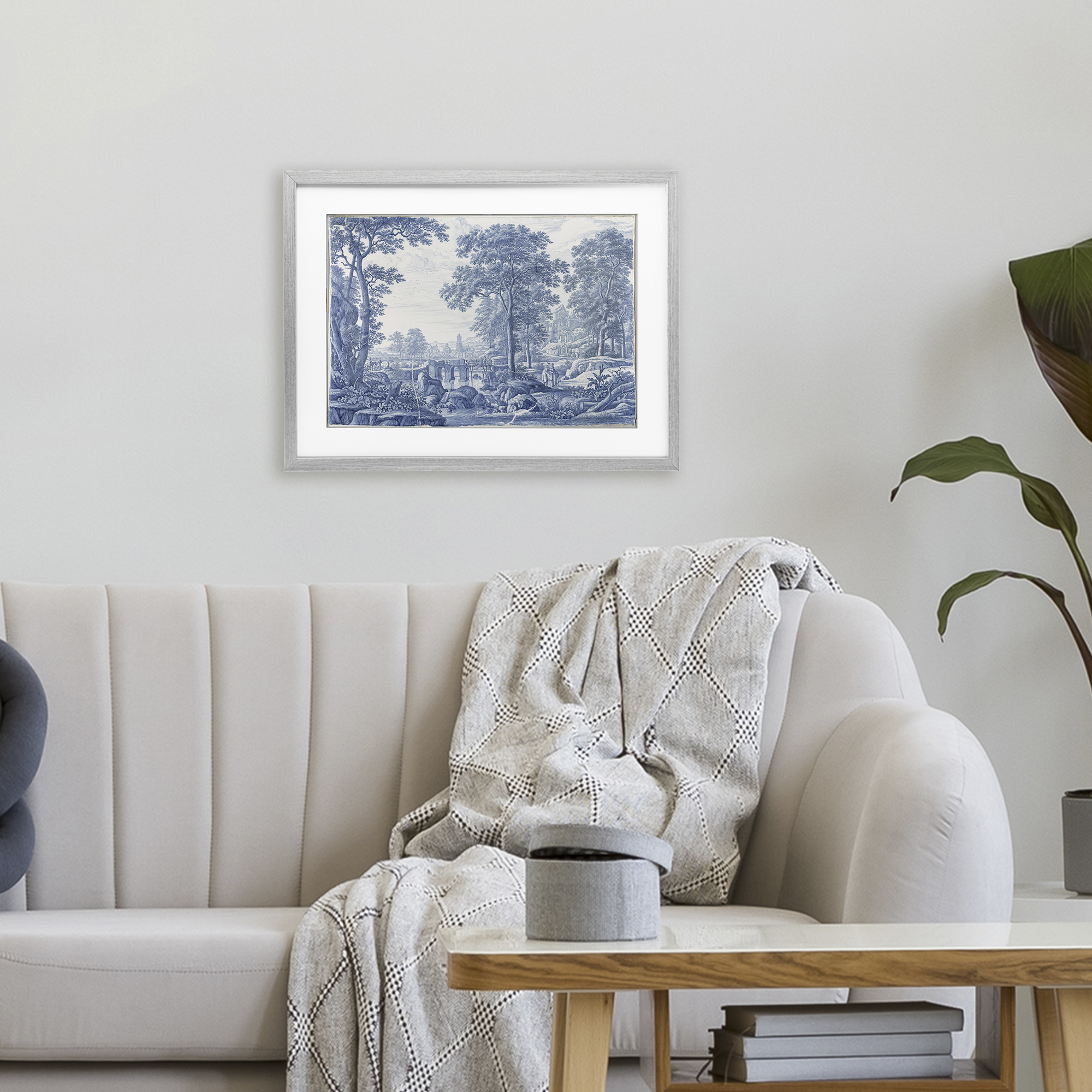 Vintage Blue Tinted Toile Gray Framed Print Under Glass, design by Vintage Hustle