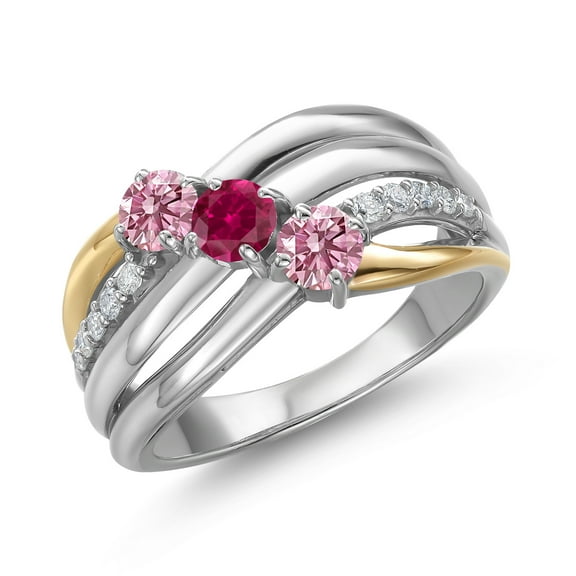 Gem Stone King 925 Silver and 10K Yellow Gold Pink Lab Grown Diamond and Red Created Ruby and Lab Grown Diamond Engagement Ring for Women | 0.90 Cttw | Round 4MM | April Birthstone | Size 7