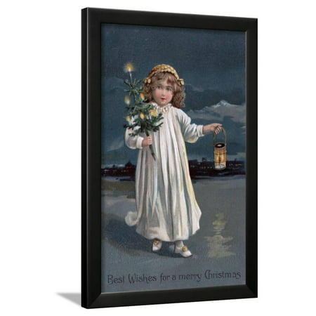 Best Wishes for a Merry Christmas - Girl Holding Tree and Lantern Framed Print Wall Art By Lantern