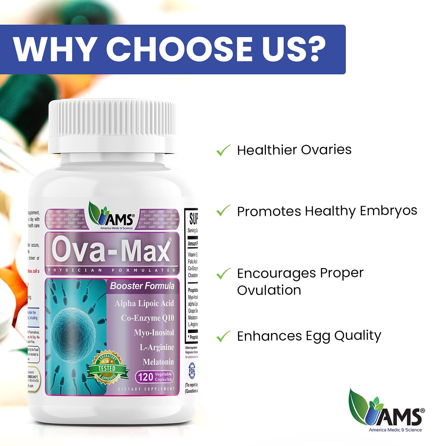 America Medic & Science Ova-Max Prenatal Vitamins for Women (120 Capsules) Boosts Fertility and Ovulation | Pregnancy Aid and Female Preconception Supplements with CoQ10, Folic Acid, and Myo-Inositol