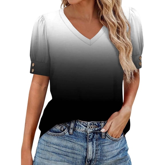 beishanbush Fall Sales Saving $10 Summer T Shirts Women's Blouse,V Neck Short Sleeve Button Loose Fit Casual Summer Top Under $10