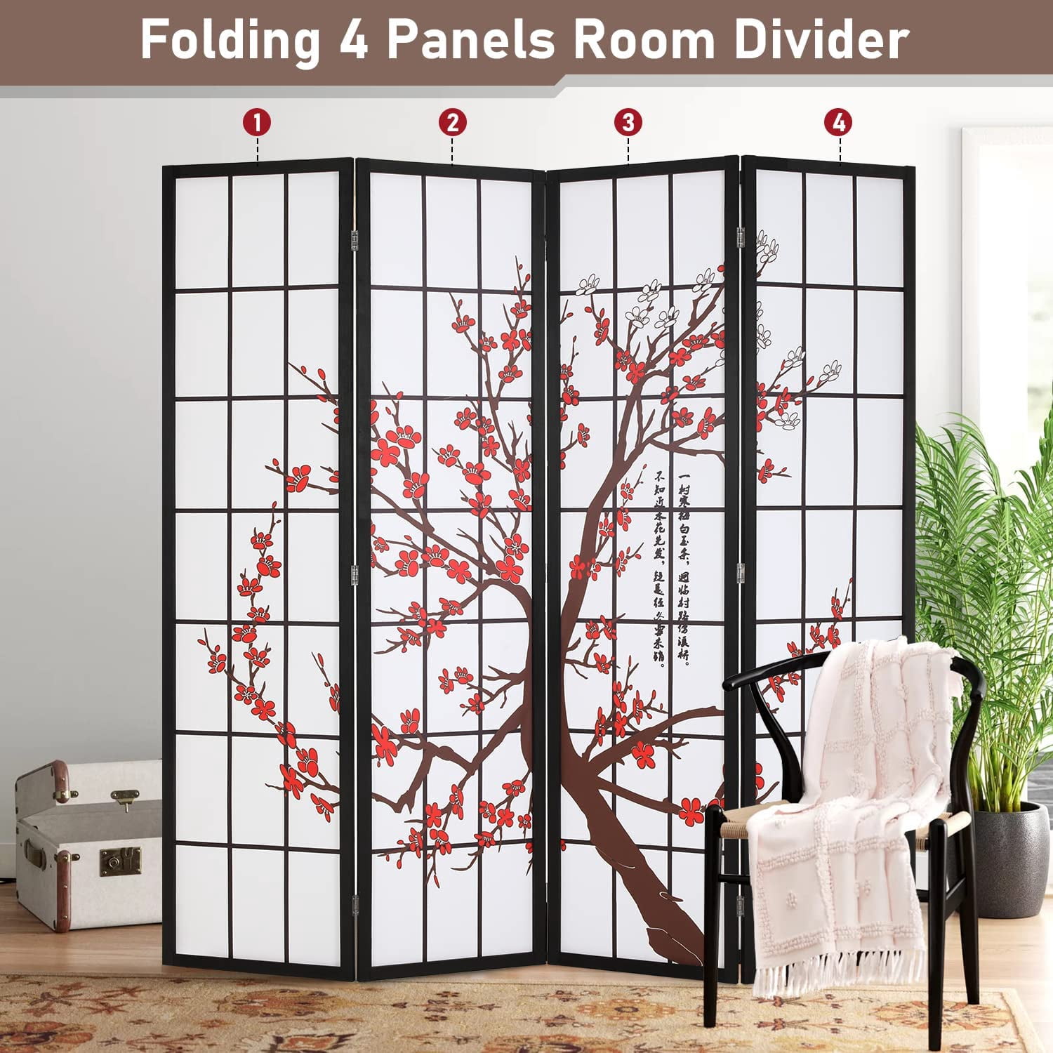 4 Panel Room Divider With Shelves - 5.6ft Folding Privacy Screen With Storage For Home & Office