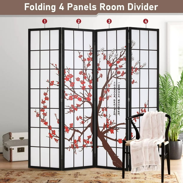 YRLLENSDAN Wood Oriental Shoji Room Dividers with 4 Panels, 6Ft Folding