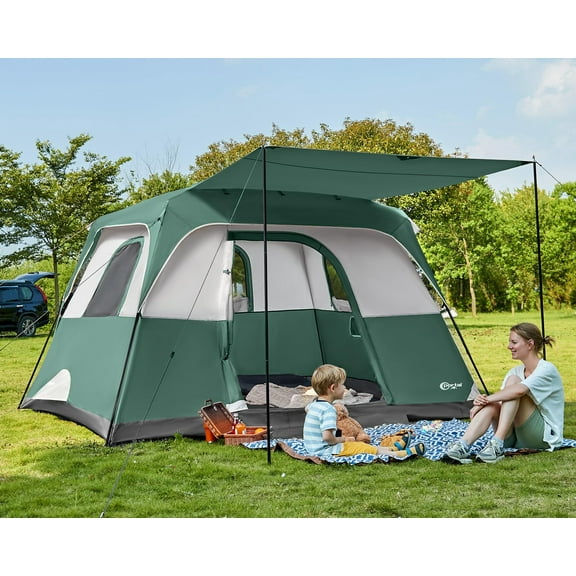 PORTAL 6 Person Camping Tent with Porch, Family Camping Tent with Tall Height, Water Resitant Large Tent for Camping, Backyard, Green