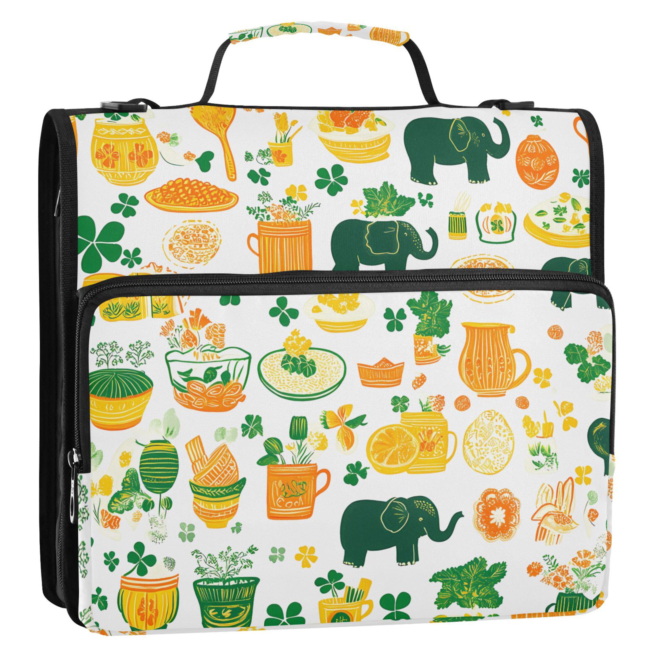 3 Ring Zipper Binder with Shoulder Strap Waterproof Trapper Keeper 2 Inch D-Ring 500 Sheets Capacity Elephant Food Leaves