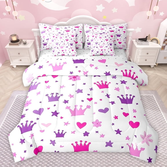 jejeloiu Kawaii Princess Crown 7-Piece Twin Bedding Sets,Fairy Tale Theme Bedding Comforter Set,Pink Purple Loves Stars Sheet Sets For Girls Kids,Ultra Soft Home Decor Reversible
