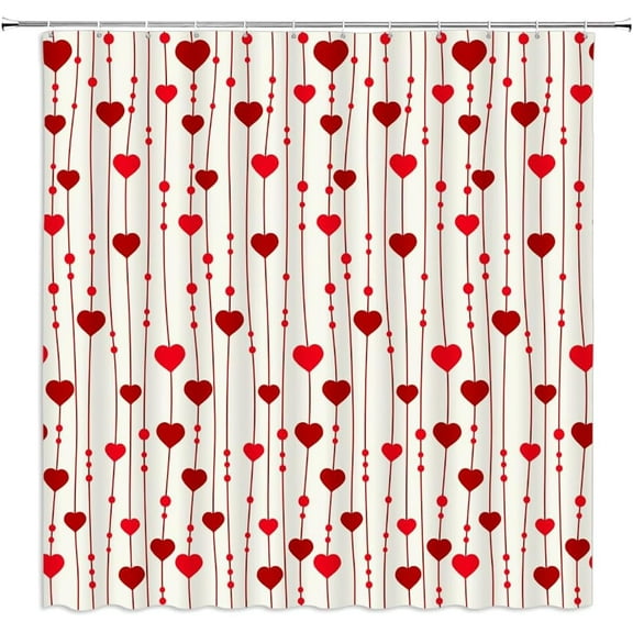 Red Heart Shower Curtain Striped Polka Dot Valentine''s Day Love Romantic Lover Couple Wedding Woman Girls Fabric Bathroom Decor Curtains with Hooks,35 x 70