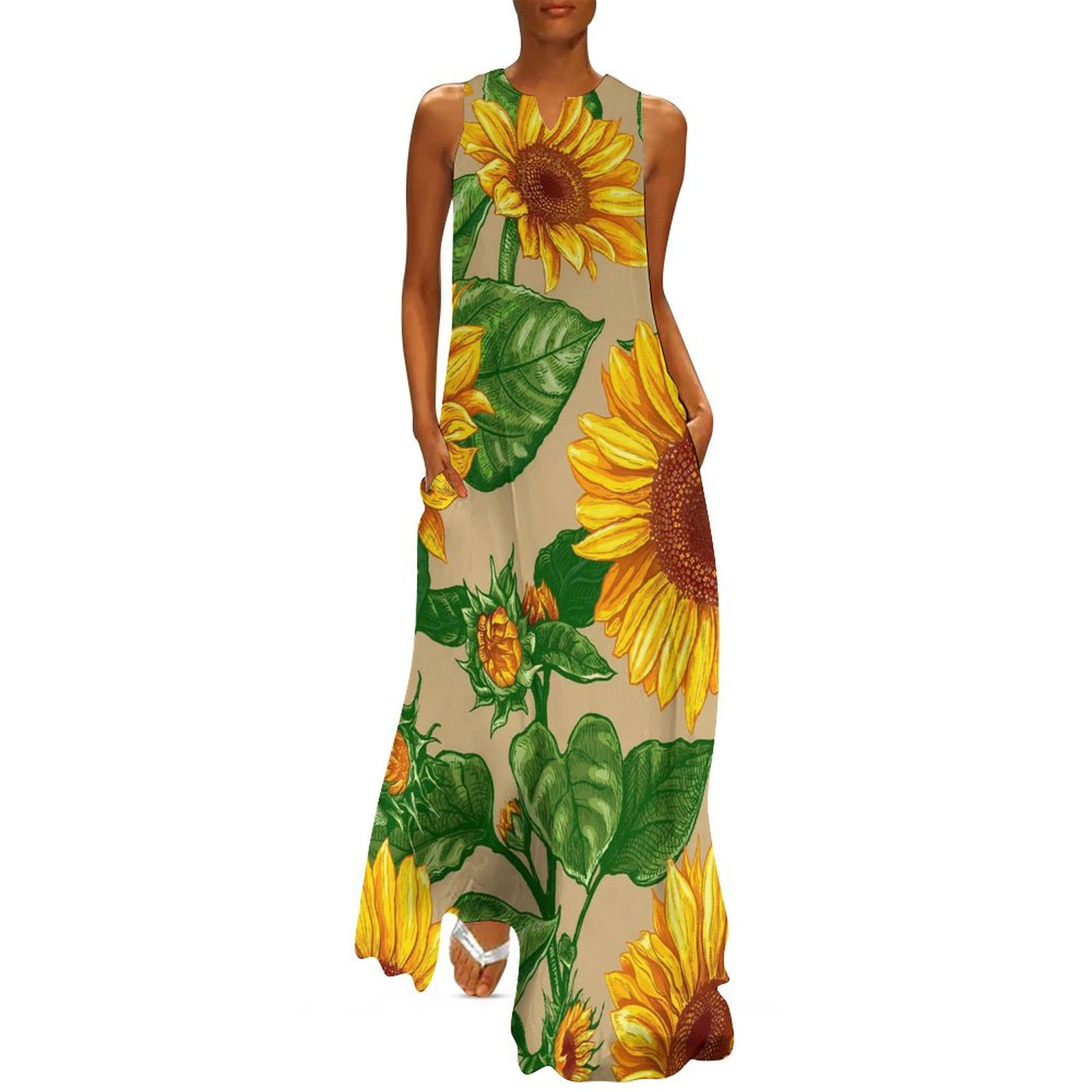 Sunflower Print Dress Summer Yellow Flowers Street Wear Boho Beach Long ...