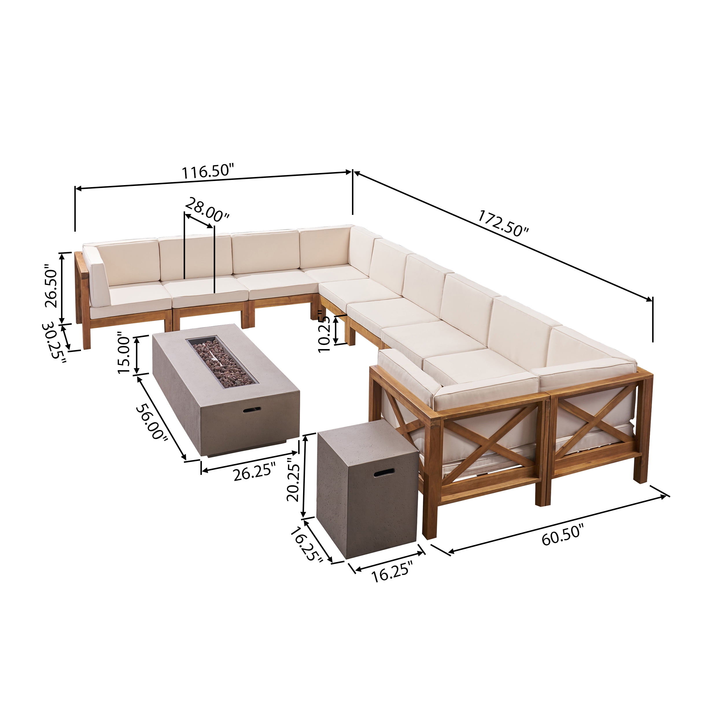 Elisha Outdoor 12 Piece Acacia Wood Sectional Sofa Set with Cushions and Fire Pit, Teak, Beige, Light Gray