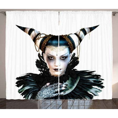 - Fantasy Curtains 2 Panels Set, Portrait of a Gothic Lady with a Carnival Costume Black Lipstick and Hair Horns, Window Drapes for Living Room Bedroom, 108W X 63L Inches, White Black, by Ambesonne