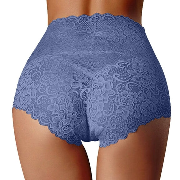 Ladies Underwear Panties - High Waist Underwear Women's Thin Hollow Lace Ladies Panties Pure Crotch Large Size Belly Briefs, Seamless Underwear for Women,Color: Light Blue Size: M