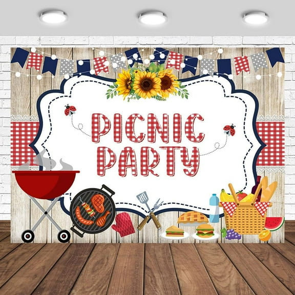 Picnic Party Backdrop BBQ Birthday Brunch Photography Background Red White Checkered Sunflower Outdoor Party Decorations Banner Photo Studio Props