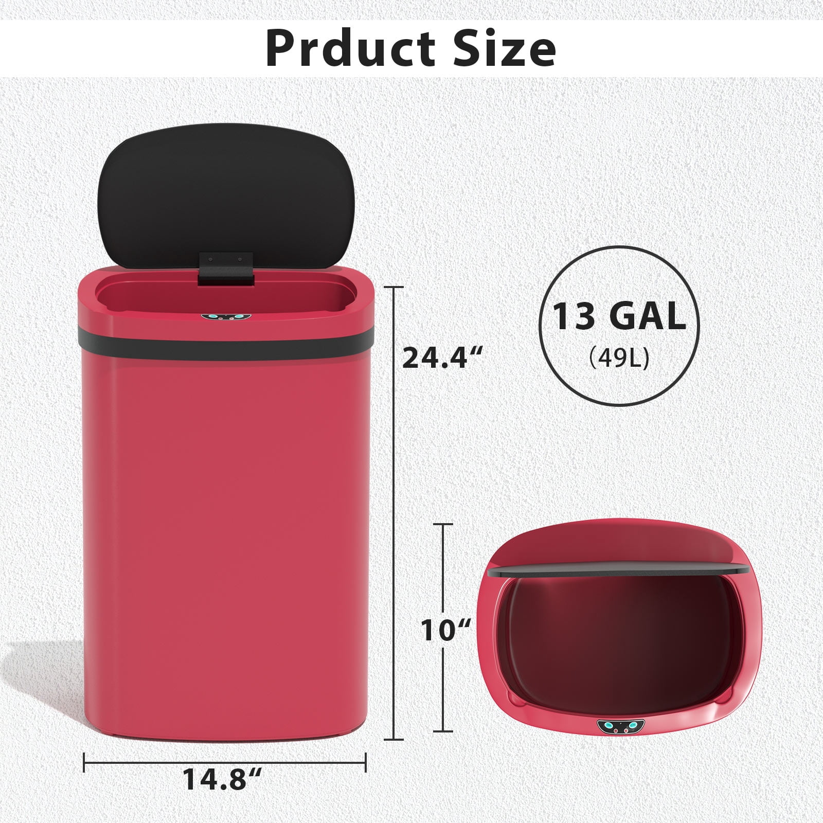CL.HPAHKL 13 Gallon Automatic Trash Can with Lid, Kitchen Plastic Garbage Can, Red