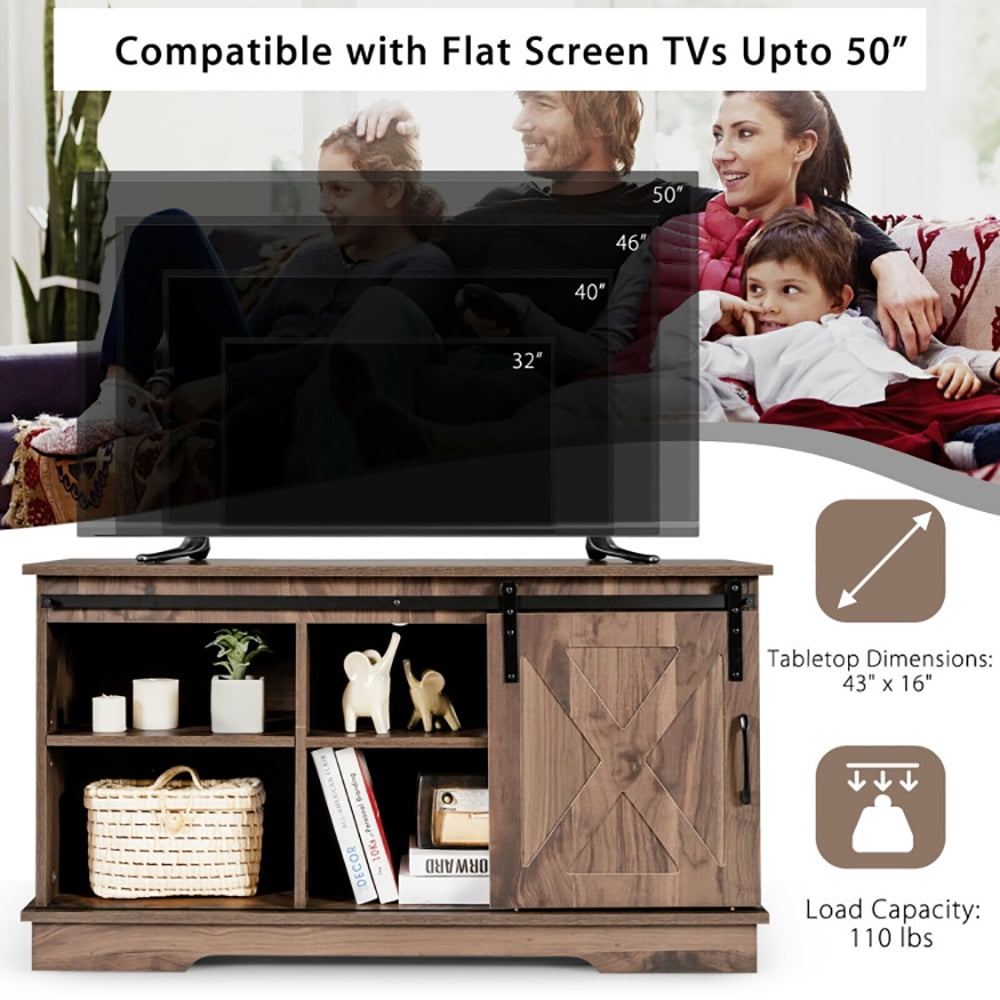 Finihen TV Stand, TV Cabinet, Sliding Barn Door TV Stand with Adjustable Shelf Cabinet, Media Entertainment Center with Storage, for Living Room, Bedroom, Dark Walnut