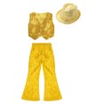 thumbnail image 3 of Doomiva Kids Boys Girls Latin Jazz Modern Dance Outfits Sleeveless Sparkly Vest Waistcoat with Flared Pants Hat Set Gold 7-8, 3 of 5