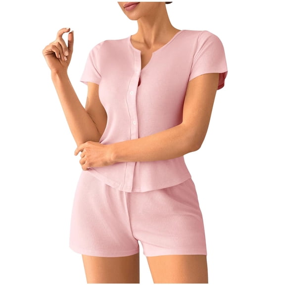 Akafmk Women's Short Sleeve Pajama Sets,Cotton Pajamas for Women Set,Short Sleeve Sleep Tops and Sleepwear Shorts 2 Piece Loungewear Set Soft Comfy Nightwear