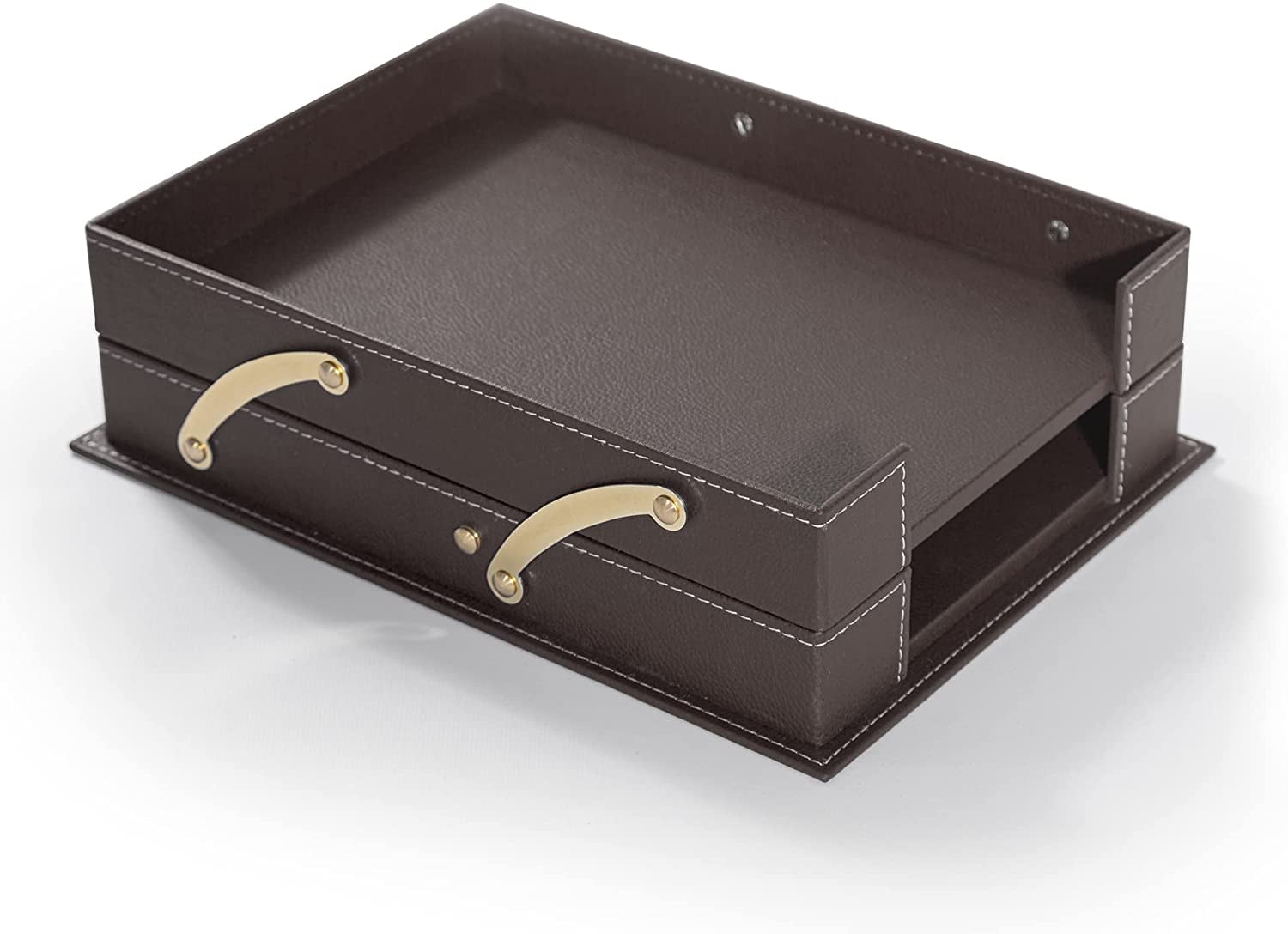 MOOGCO Leather 1-Compartment Desktop Organizer and Pencil Holder with Gold Pen Set, Multicolor