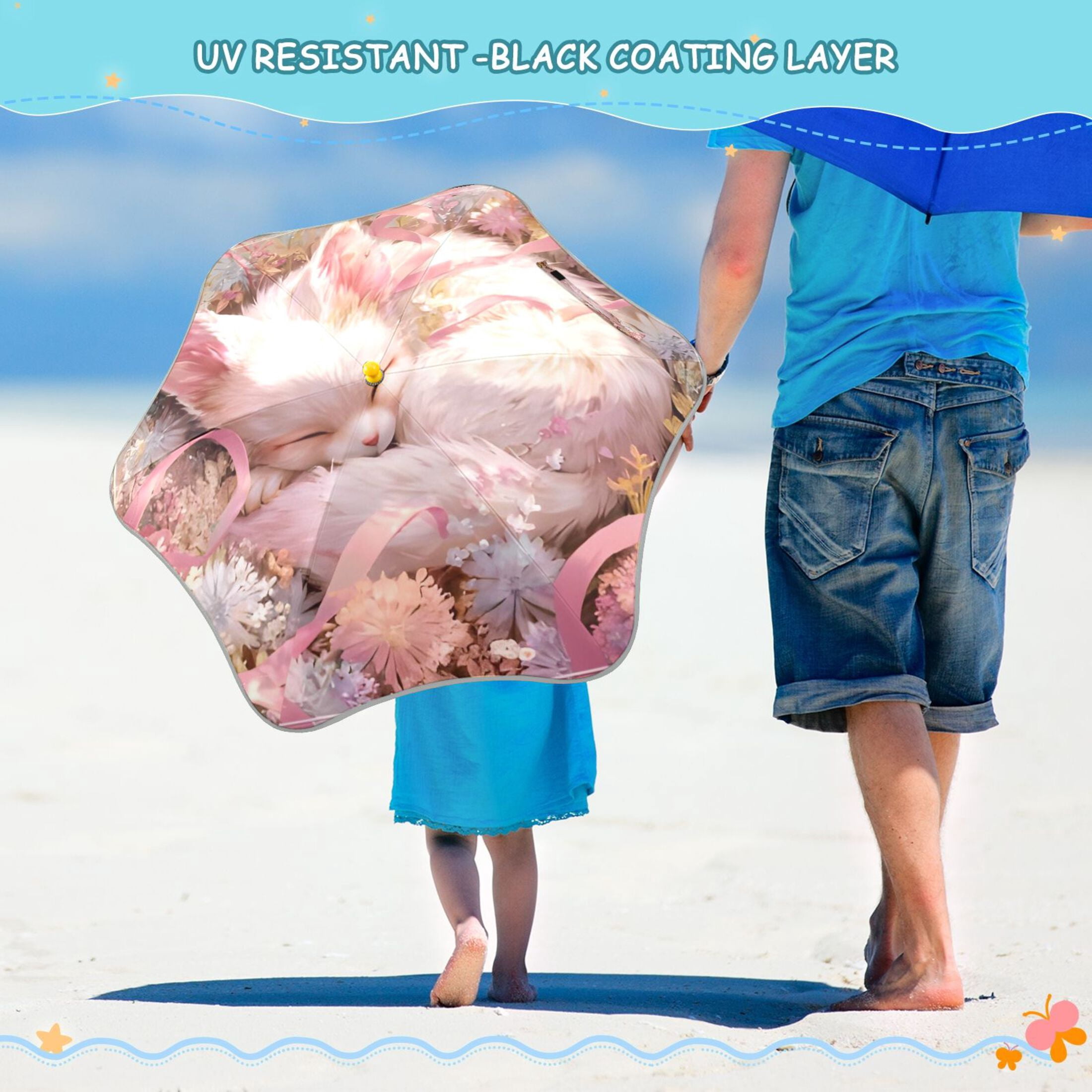 BZSMCE Folding Umbrellas Rain & UV Protection Windproof In Blush Cat’s Floral Nap Pattern