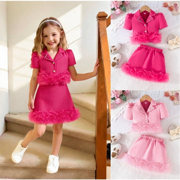 3-8Y Kids Blazer Outfits For Girls Cool Puffy Mesh Lace Beading Blazer Coat and Mesh Lace Skirt 2pcs Children Clothing Sets